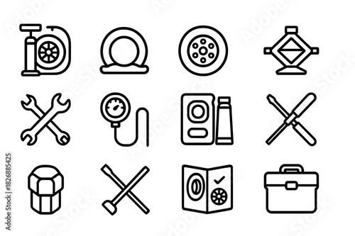 Tire Maintenance Icons. Tire Maintenance. Line icon set of Tire Maintenance: tire inflator, flat tire, spare tire, jack, wrench, air gauge, patch