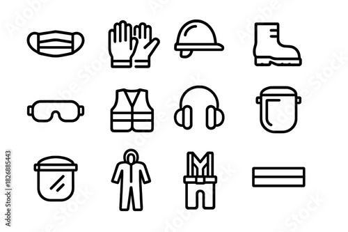 PPE Icon Set. Personal protective equipment. Line icon set of personal protective equipment: face mask, gloves, helmet, safety boots, goggles, vest, ear