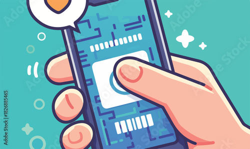 スマートフォンでセキュリティ認証を行う手のクローズアップ、デジタル技術とモバイルアプリの安全性を象徴するベクターイラスト