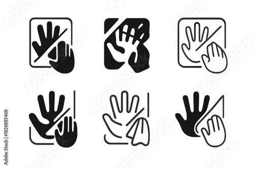 Fingerprint Cleaning Logos. Wiping fingerprints off glass. Icon set. Set Logo of wiping fingerprints off glass: handprint partially erased from a pane.