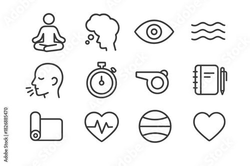 Mental Training Icons. Mental Training. Line icon set of Mental Training: meditation pose, thought bubble, focused eye, calm waves, breathing exercise,