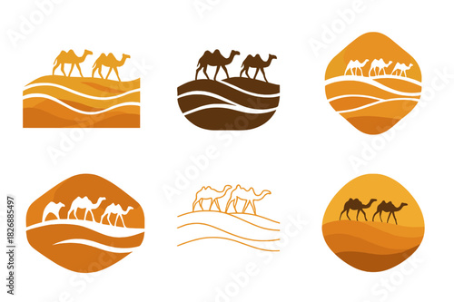Shifting Sands Logos. Shifting Sands. Icon set. Set Logo of Shifting Sands: caravan of camels crossing layered dunes. harmonious logo variations of the same