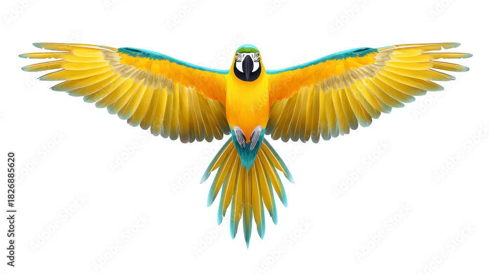 Naklejka premium Colorful parrot with vibrant yellow and blue feathers spreading wings in flight, tropical bird isolated on transparency background, exotic wildlife, joyful and energetic expression
