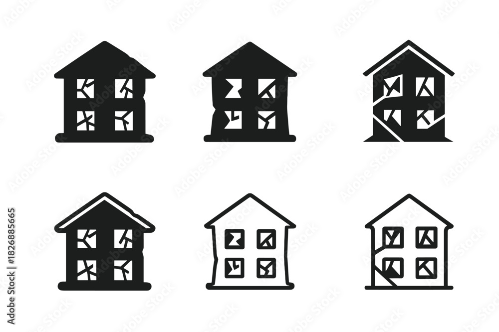 Fototapeta premium Abandoned House Logos. Dilapidated house with no sign of life. Icon set. Set Logo of abandoned home: shattered windows. harmonious logo variations of the same