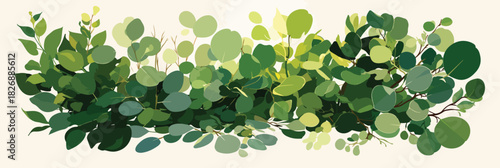 明るい背景に浮かぶ、様々な濃淡の緑色のユーカリの葉が連なるベクターイラストレーション。ナチュラルな装飾。