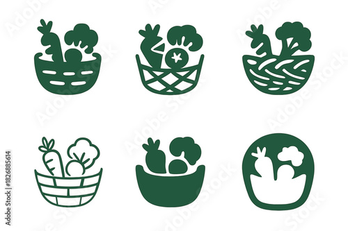 Organic Farming Icons. Organic farming without high-tech interventions. Icon set. Set Logo of organic farming without high-tech interventions: basket of