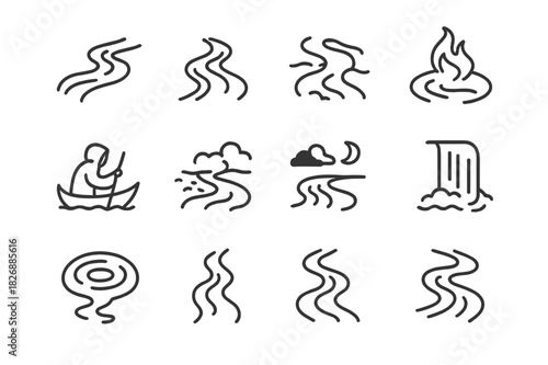 Underworld Rivers Icons. Rivers of the underworld. Line icon set of rivers of the underworld: Styx, Acheron, Lethe, Cocytus, Phlegethon, Dark Rapids, Soul