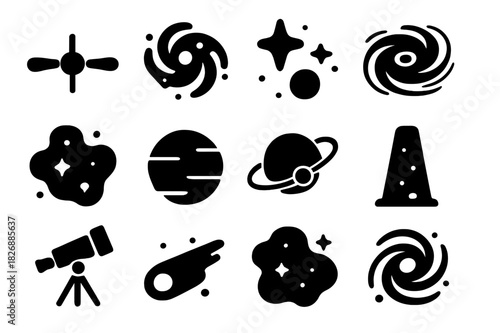 Cosmic Icon Collection. Universe Exploration. Solid icon set of quasar, galaxy, star, black hole, nebula, planet, orbit, light beam, telescope, comet, cosmic