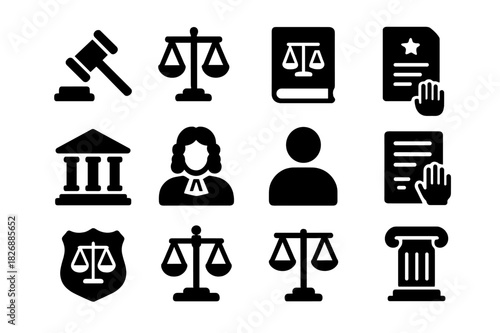 Law Icon Set. Law and justice. Solid icon set of Law and justice: gavel, scales, law book, constitution, courthouse, judge icon, citizen silhouette, legal