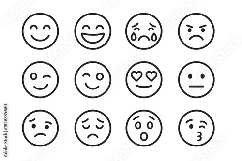 Emoji Line Icons. Emoji reactions. Line icon set of emoji reactions: smiling emoji, laughing emoji, crying emoji, angry emoji, surprised emoji, wink emoji,