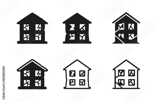 Abandoned House Logos. Dilapidated house with no sign of life. Icon set. Set Logo of abandoned home: shattered windows. harmonious logo variations of the same