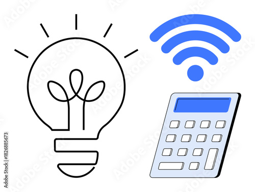 Lightbulb symbolizing ideas, calculator for problem-solving, and wireless icon denoting connectivity. Ideal for technology, innovation, education, business, creativity, communication computation