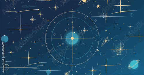 宇宙空間に広がる星々、銀河、惑星、星座、天文学的な図形が描かれたサイエンス・ファンタジー風のベクターイラスト。