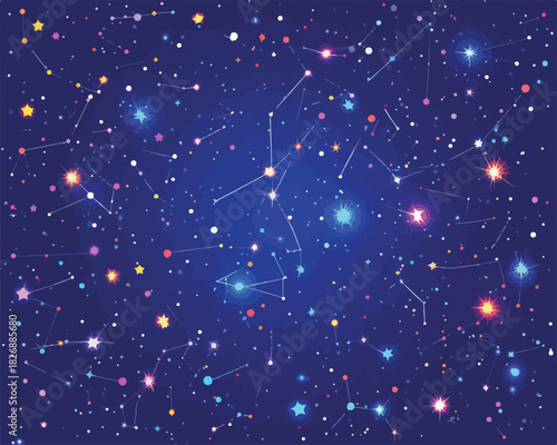 満天の星空に輝く星座と宇宙の広がり、幻想的で美しい夜空のベクターイラストレーション。