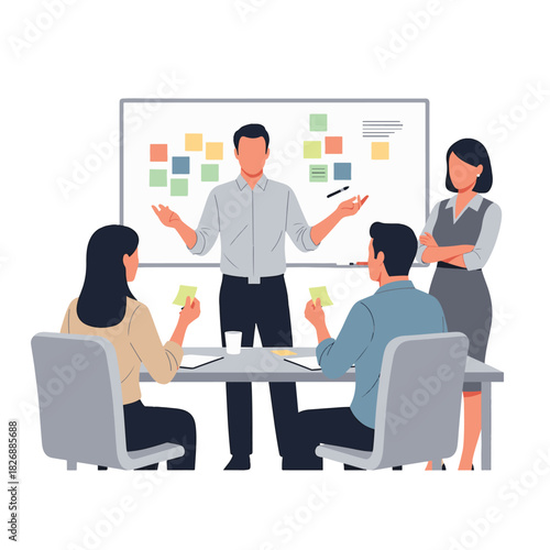 Illustration of a business meeting with a presentation on a whiteboard and team members.