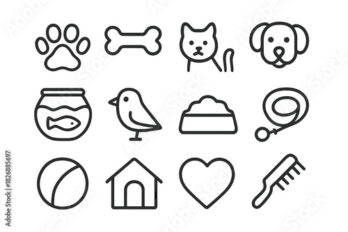 Family Pet Icons. Family pets. Line icon set of family pets: paw, bone, cat, dog, fish bowl, bird, pet food bowl, leash, ball, house, heart, brush. All outline