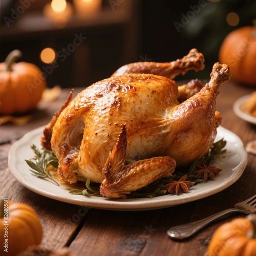 Golden Roasted Turkey Surrounded by Fall Decorations and Pumpkins