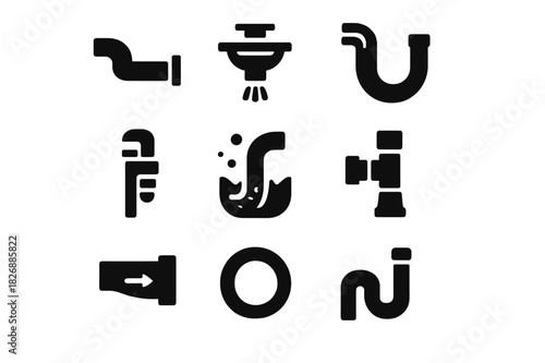 Plumbing Icons Set. Plumbing and drains. Solid icon set of Plumbing and drains: drain pipe, sink drain, U-bend, pipe wrench, clogged symbol, pipe joint, flow