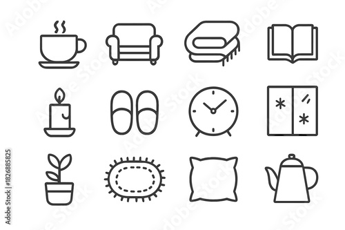 Cozy Icon Set. Cozy Indoors. Line icon set of Cozy Indoors: cup, sofa, blanket, book, candle, slippers, clock, window, plant, rug, pillow, tea kettle. All