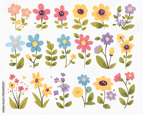 色とりどりの可愛らしい花々が描かれたベクターイラストレーション。春や夏の植物のコレクション。