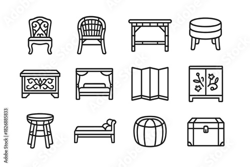 Exotic Furniture Icons. Exotic furniture. Line icon set of exotic furniture: carved wooden chair, rattan armchair, bamboo table, low ottoman, carved chest,