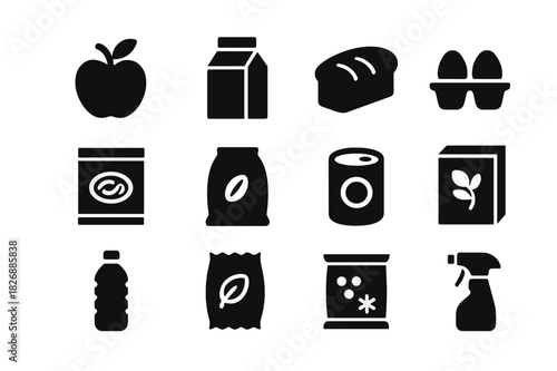Grocery Icon Set. Grocery items. Solid icon set of Grocery items: apple, milk carton, bread loaf, eggs, pasta box, rice bag, canned food, cereal box, bottled