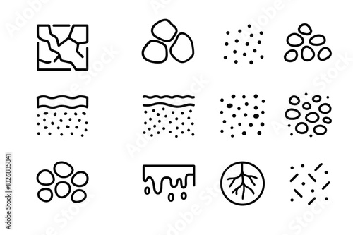 Ground Texture Icons. Ground Texture. Line icon set of Ground Texture: cracked earth, clay lump, sand grain, gravel stone, loam layer, humus, dry soil, wet