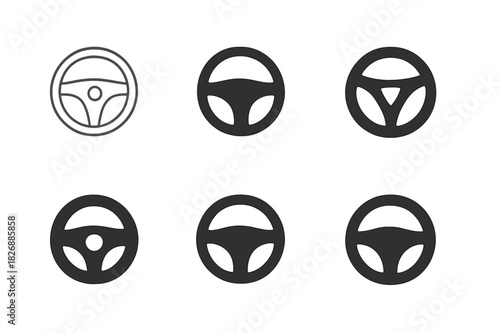 Steering Wheel Logos. Driver. Icon set. Set Logo of Driver: Steering Wheel. harmonious logo variations of the same emblematic concept (Minimal outline, Filled