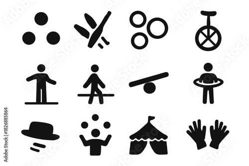 Circus Skills Icons. Circus Performance Skills. Solid icon set of juggling balls, clubs, rings, unicycle, tightrope, baton, balance board, hula hoop, hat toss,