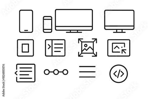 Responsive Icon Set. Responsive elements. Line icon set of responsive elements: mobile screen, tablet screen, desktop screen, sidebar toggle, collapsible menu,