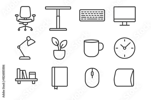 Ergonomic Office Icons. Ergonomic Office. Line icon set of Ergonomic Office: adjustable chair, standing desk, keyboard, monitor, lamp, plant, cup, clock,