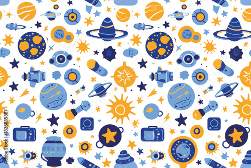 宇宙をテーマにした、青と黄色を基調とした楽しいシームレスパターンベクターイラストレーション。子供向けのデザイン。