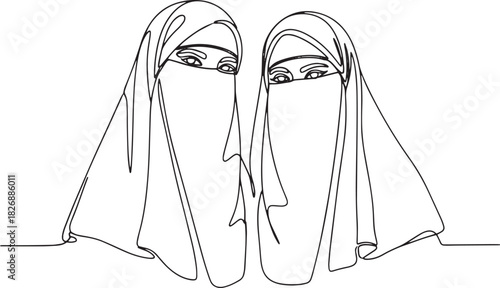 Continuous line art of two Muslim women wearing niqab head coverings