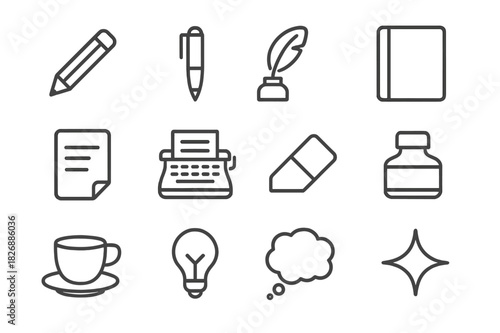 Writing Tools Icons. Writing Tools Set. Line icon set of Writing Tools Set: pencil, pen, quill, notebook, paper sheet, typewriter, eraser, ink bottle, coffee