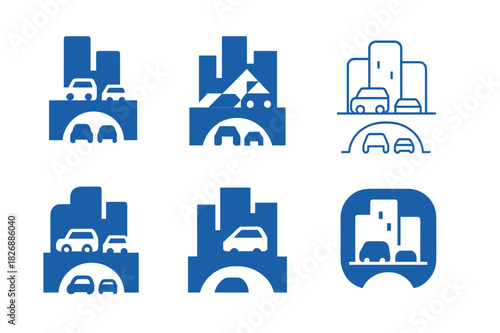 Traffic Icon Set. Traffic. Icon set. Set Logo of Traffic: city bridge and moving vehicles. harmonious logo variations of the same emblematic concept, each with