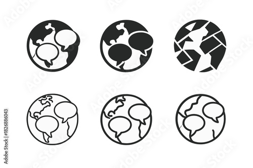 Virtual Meeting Icons. Virtual meetings with global team members. Icon set. Set Logo of virtual meeting: speech bubbles across continents. harmonious logo