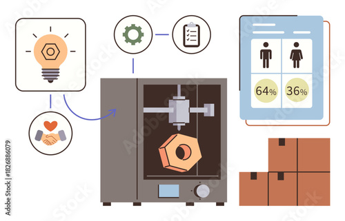 3D printer crafting object with data icon, gear, idea bulb, handshake, and boxed goods. Ideal for industry, innovation, workflow technology prototyping collaboration and product lifecycle. Simple