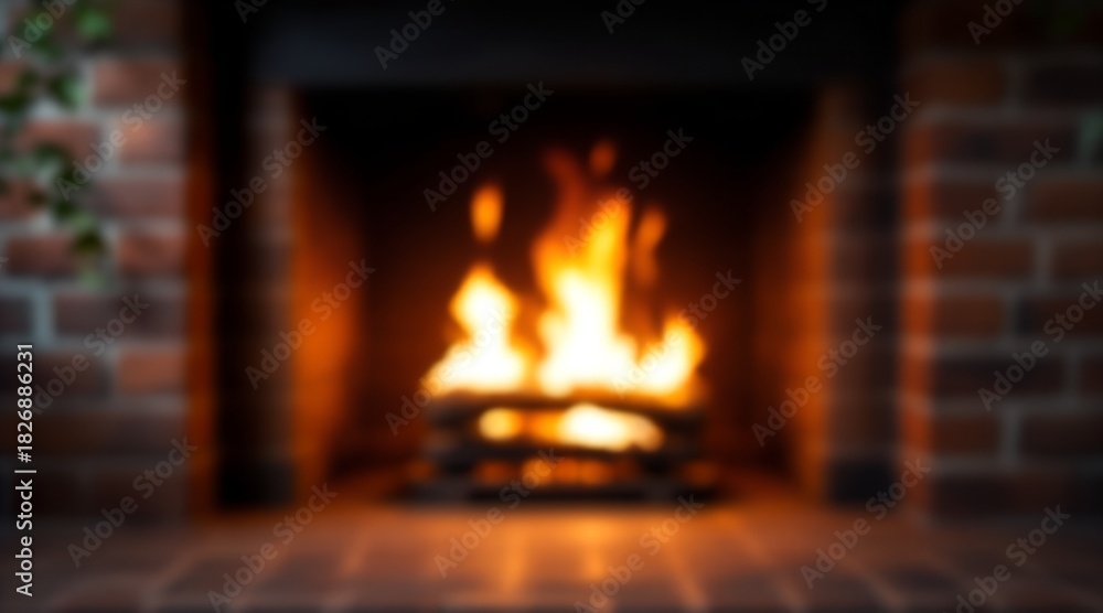 Fototapeta premium Blurred Fireplace with Glowing Flames for Cozy Background