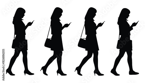 Silhouette of women walking using phone vector illustration