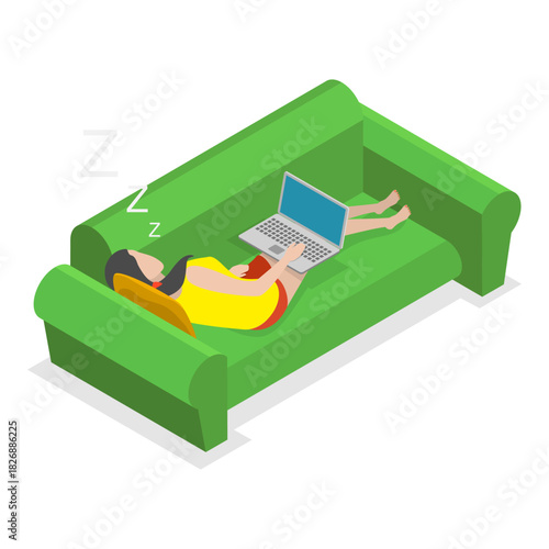 3D Isometric Flat Vector Illustration of Exhausted and Sleepy People, Fatigue and Drowsiness. Item 4