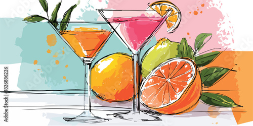 フレッシュなカクテルと柑橘系のフルーツ、水彩画風のイラストで夏のパーティーやリフレッシュメントを表現
