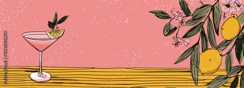 レモンとカクテルが描かれた、ピンク色の背景に木製のテーブルがある、スタイリッシュなベクターイラストレーション。