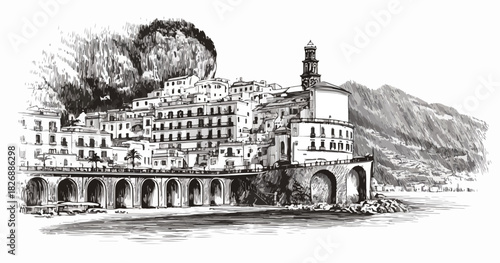イタリアのアマルフィ海岸に建つ歴史的な街並みと海辺の風景を描いた手描きのベクターイラストレーション。