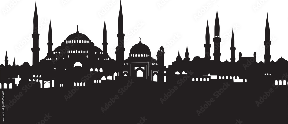 Naklejka premium Islamic city skyline silhouette, domes, minarets, ancient architecture.