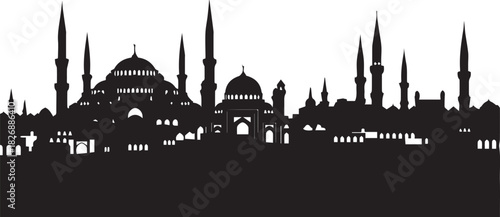 Islamic city skyline silhouette, domes, minarets, ancient architecture.