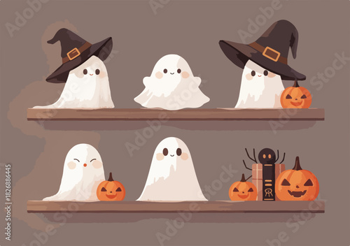 ハロウィンのための魔女の帽子をかぶったかわいい幽霊とカボチャのベクターイラスト