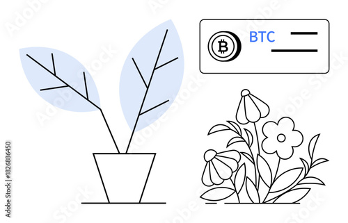Minimalistic potted plant, blooming flowers, and a Bitcoin wallet. Ideal for finance, sustainability, nature, eco-friendly themes, growth investment and digital currency. Simple flat metaphor