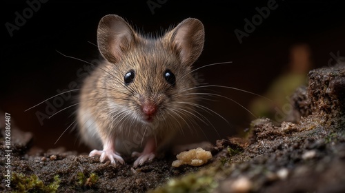 A breathtakingly super realistic close-up nature photograph of a small wild mouse (Mus musculus or similar small rodent) actively investigating its environment. 