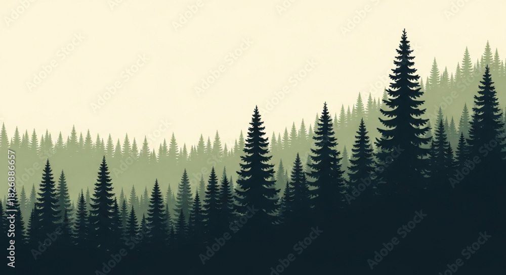 Obraz premium Layered pine forest silhouette illustration with varying shades of green and dark blue, depicting a serene natural landscape and wilderness vista.