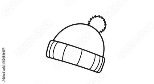 Outline illustration of a warm knitted winter beanie hat with a fluffy pom-pom, perfect for cold weather apparel and winter sports, isolated.